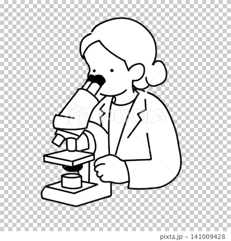 顕微鏡で検体を観察する女性臨床検査技師のイラスト 141009428