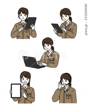 女性作業員 ベージュ作業服 5点セット DX推進 スマート現場 女性作業員 ベージュ作業服 5点セット DX推進 スマート現場 141009490
