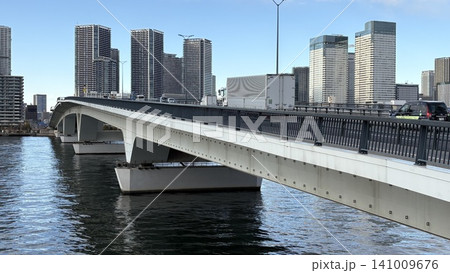 豊洲大橋の白い橋桁と背後にそびえる晴海エリアの高層タワーマンション群 豊洲大橋の白い橋桁と背後にそびえる晴海エリアの高層タワーマンション群 141009676