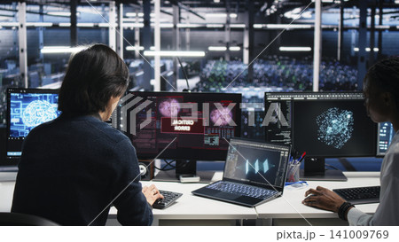 Team of engineers in server room struggles with system faults while working with AI tools. 141009769