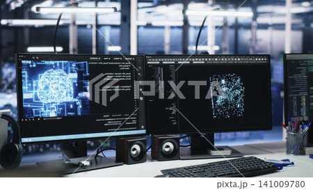 Computer systems in server room managing network resources working with AI tech. Computer systems in server room managing network resources working with AI tech. 141009780