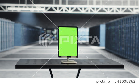 Chroma key tablet and laptop sit among server racks for digital storage monitoring and screen replacement use. Chroma key tablet and laptop sit among server racks for digital storage monitoring and screen replacement use. 141009862