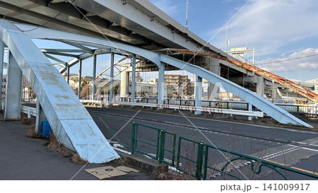首都高の高架と美しく重なり合う歴史ある鉄骨アーチ橋・綾瀬橋 141009917