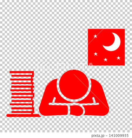 A pictogram (red) of a person who has fallen asleep at their desk due to working overtime or pulling an all-nighter. A pictogram (red) of a person who has fallen asleep at their desk due to working overtime or pulling an all-nighter. 141009935