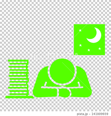A pictogram (green) of a person who has fallen asleep at their desk due to working overtime or pulling an all-nighter. A pictogram (green) of a person who has fallen asleep at their desk due to working overtime or pulling an all-nighter. 141009939