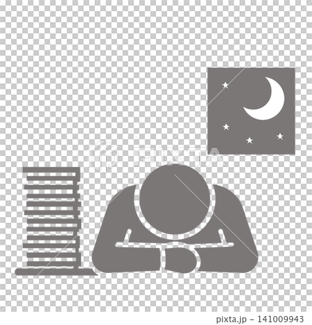 A pictogram (gray) of a person who has fallen asleep at their desk due to working overtime or pulling an all-nighter. A pictogram (gray) of a person who has fallen asleep at their desk due to working overtime or pulling an all-nighter. 141009943