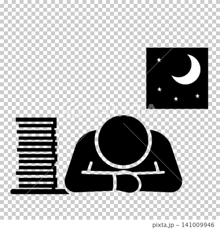 残業や徹夜で机に寝落ちする人物のピクトグラム(黒) 残業や徹夜で机に寝落ちする人物のピクトグラム(黒) 141009946
