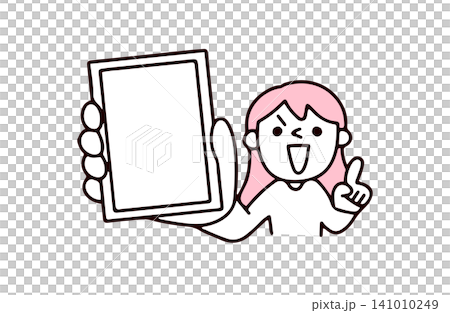 一幅插圖，描繪了一位年輕女子展示她的智慧型手機螢幕來解釋或介紹某事物。 141010249