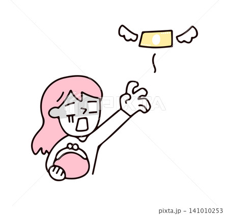 お札が飛んでいき出費に苦しむ若い女性のイラスト 141010253