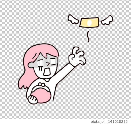 An illustration of a young woman struggling with expenses as her money flies away. An illustration of a young woman struggling with expenses as her money flies away. 141010253