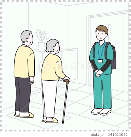 An illustration depicting an elderly couple welcoming a visiting nurse at their front door. An illustration depicting an elderly couple welcoming a visiting nurse at their front door. 141011032
