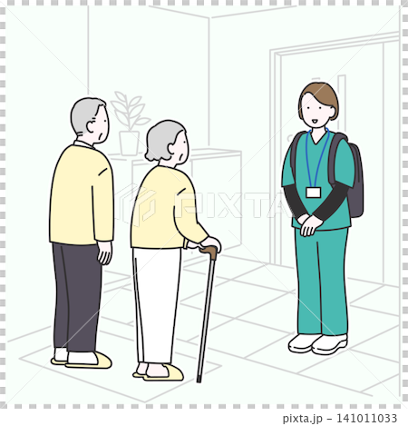 An illustration depicting the entrance of an elderly household receiving a visiting nurse. An illustration depicting the entrance of an elderly household receiving a visiting nurse. 141011033