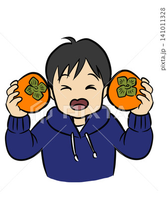 秋になりおいしい柿を両手に持ってうれしそうに笑う子ども 秋になりおいしい柿を両手に持ってうれしそうに笑う子ども 141011328