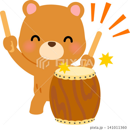 地面に立てた和太鼓を叩くクマのキャラクター 地面に立てた和太鼓を叩くクマのキャラクター 141011360