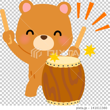 地面に立てた和太鼓を叩くクマのキャラクター 地面に立てた和太鼓を叩くクマのキャラクター 141011360