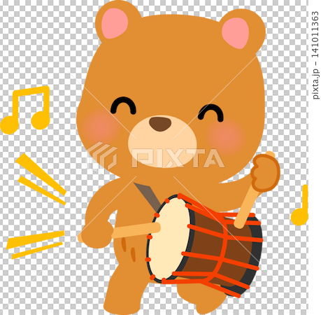 和太鼓を鳴らしながら歩くクマのキャラクター 和太鼓を鳴らしながら歩くクマのキャラクター 141011363