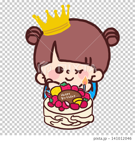 A hand-drawn illustration of a girl wearing a crown and smiling in front of a birthday cake. A hand-drawn illustration of a girl wearing a crown and smiling in front of a birthday cake. 141012046