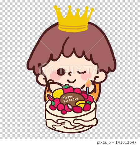 A hand-drawn illustration of a boy wearing a crown and smiling in front of a birthday cake. A hand-drawn illustration of a boy wearing a crown and smiling in front of a birthday cake. 141012047