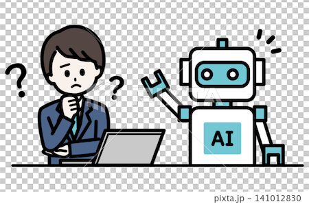 An illustration of a businessman struggling with computer operation and AI implementation; representing questions and problem-solving; vector illustration. An illustration of a businessman struggling with computer operation and AI implementation; representing questions and problem-solving; vector illustration. 141012830
