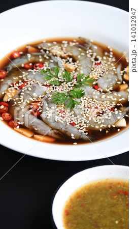shrimp in soy sauce on white plate, korean style menu shrimp in soy sauce on white plate, korean style menu 141012947