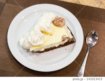 Piece of chocolate cake served for dessert Piece of chocolate cake served for dessert 141013413