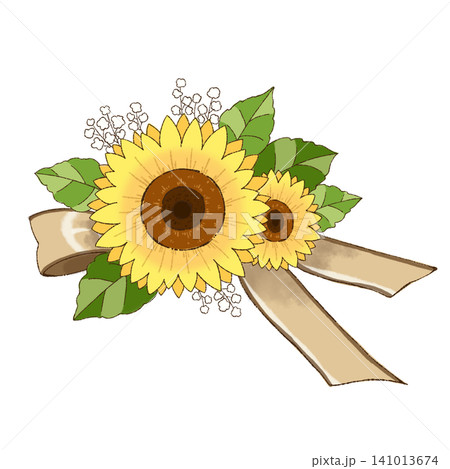 ひまわりとベージュ色のリボンの花飾り 夏のワンポイントイラスト ひまわりとベージュ色のリボンの花飾り 夏のワンポイントイラスト 141013674