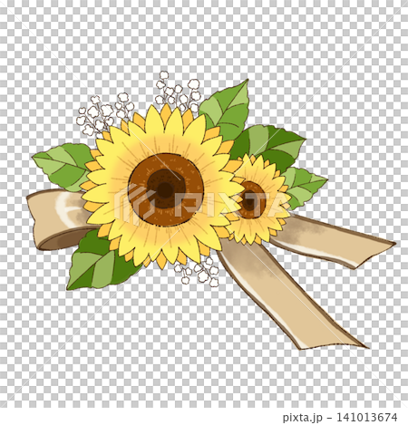 ひまわりとベージュ色のリボンの花飾り 夏のワンポイントイラスト ひまわりとベージュ色のリボンの花飾り 夏のワンポイントイラスト 141013674