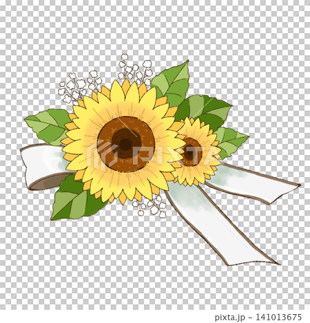 A summery illustration featuring sunflowers and white ribbons as a floral decoration. A summery illustration featuring sunflowers and white ribbons as a floral decoration. 141013675