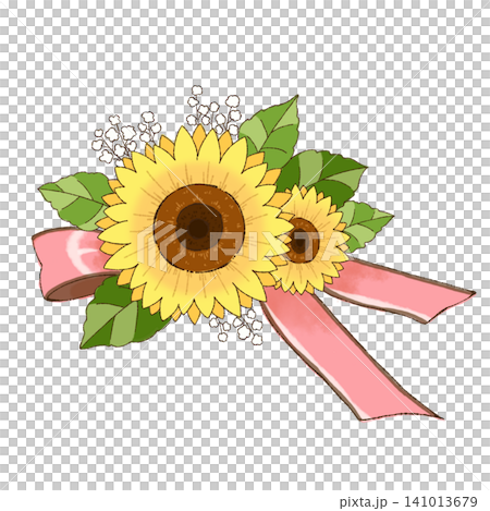 A summery illustration featuring sunflowers and pink ribbons as a floral decoration. 141013679