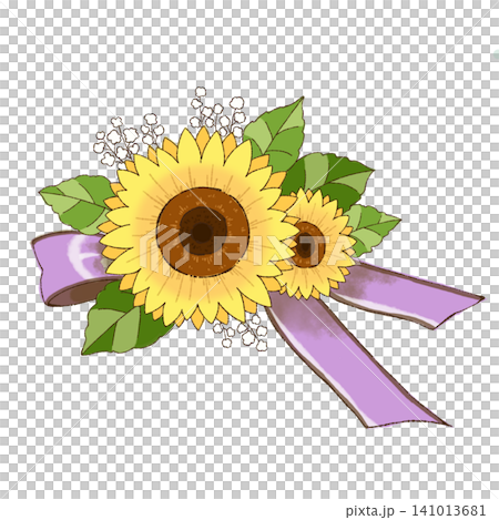 A summery illustration featuring sunflowers and lavender ribbons as a floral decoration. A summery illustration featuring sunflowers and lavender ribbons as a floral decoration. 141013681