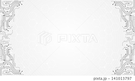 White abstract technological pattern featuring detailed electronic circuit board line traces on left and right borders with central geometric hexagon copy space White abstract technological pattern featuring detailed electronic circuit board line traces on left and right borders with central geometric hexagon copy space 141013797