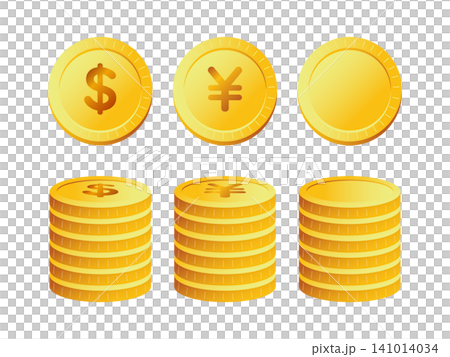 ゴールドのコインとコインタワーのイラストセット(お金・円・ドル・ベクター・背景透過) ゴールドのコインとコインタワーのイラストセット(お金・円・ドル・ベクター・背景透過) 141014034