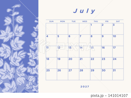 2027年7月 卓上カレンダー ラークスパーのイラストデザイン 2027年7月 卓上カレンダー ラークスパーのイラストデザイン 141014107