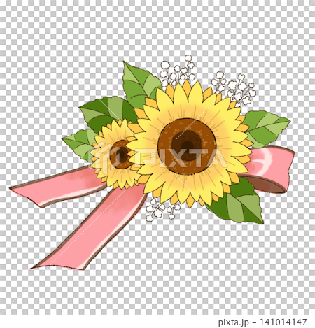 A flower decoration with sunflowers and pink ribbons (facing right) A flower decoration with sunflowers and pink ribbons (facing right) 141014147
