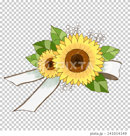 A flower arrangement of sunflowers and white ribbons (facing right) A flower arrangement of sunflowers and white ribbons (facing right) 141014149