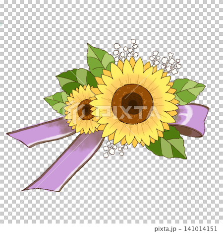 A flower decoration featuring sunflowers and lavender-colored ribbons (facing right) A flower decoration featuring sunflowers and lavender-colored ribbons (facing right) 141014151