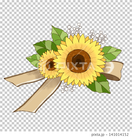 A flower decoration featuring sunflowers and a beige ribbon (facing right). A flower decoration featuring sunflowers and a beige ribbon (facing right). 141014152