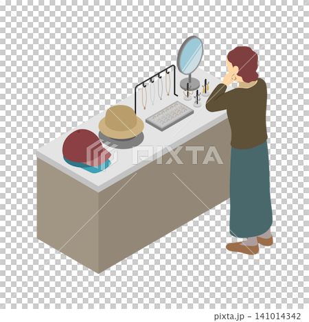 等距插圖:一位女士在服飾店挑選配件。 等距插圖:一位女士在服飾店挑選配件。 141014342