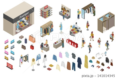 アイソメトリックイラスト:服屋さんセット アイソメトリックイラスト:服屋さんセット 141014345