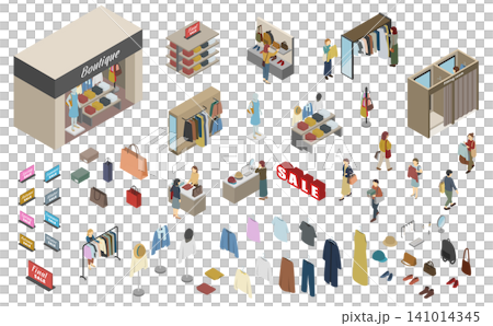 アイソメトリックイラスト:服屋さんセット アイソメトリックイラスト:服屋さんセット 141014345