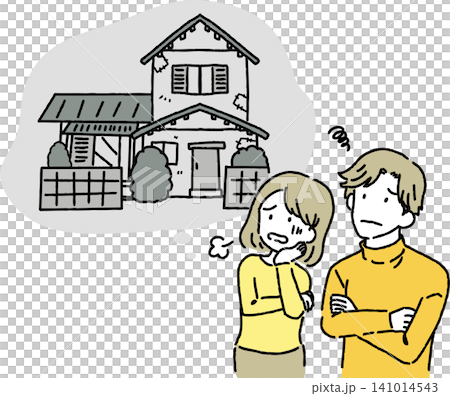An illustration of a man and woman struggling with closing down their family home. An illustration of a man and woman struggling with closing down their family home. 141014543