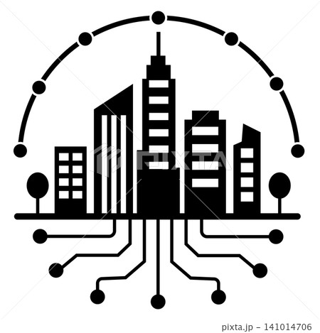 Smart cities icon. Connected city in black and white sign. Smart city symbol. flat style. 141014706