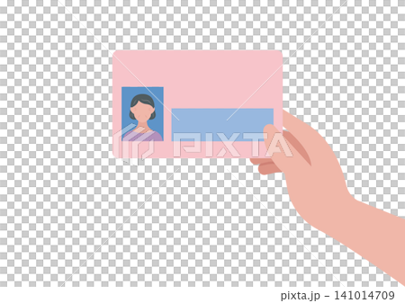 Vector illustration of a middle-aged woman's hand holding a My Number Card. Vector illustration of a middle-aged woman's hand holding a My Number Card. 141014709
