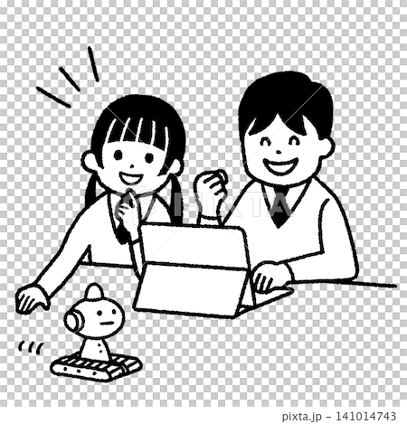 黑白照片,畫面中男女學生正透過程式控制機器人。 黑白照片,畫面中男女學生正透過程式控制機器人。 141014743