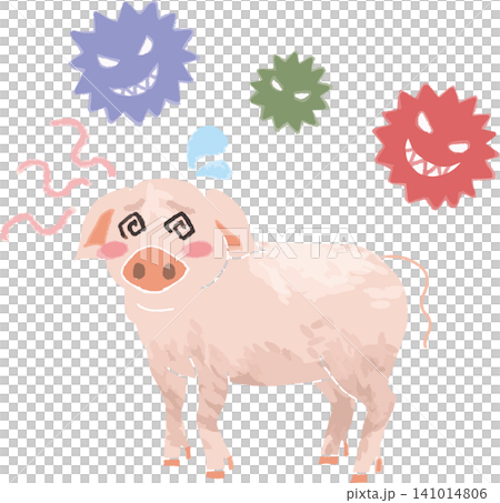 An illustration of a pig with a troubled expression surrounded by virus characters (Swimming Fever, Livestock Infectious Diseases, Biosecurity, etc.) 141014806