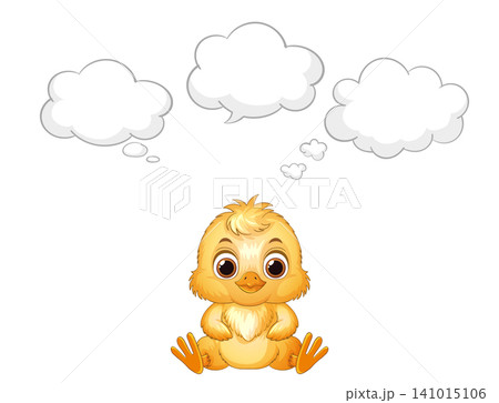 Cute Cartoon Yellow Chick Sitting with Empty Thought Bubbles Above Head 141015106