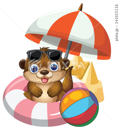 Cartoon Otter with Beach Accessories and Sandcastle Vector Illustration 141015118