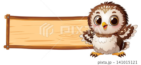 Cute Cartoon Owl Standing Next to a Blank Wooden Sign 141015121