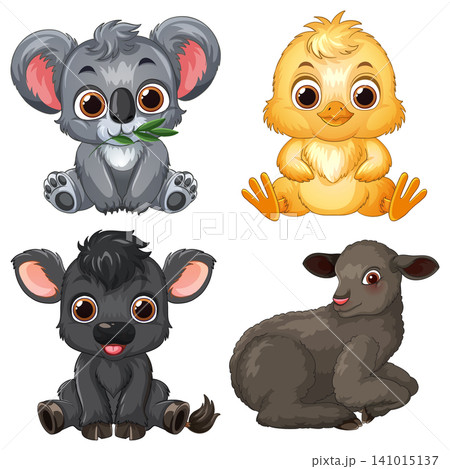 Cute Cartoon Baby Animals Set with Koala Chick Calf and Lamb Cute Cartoon Baby Animals Set with Koala Chick Calf and Lamb 141015137