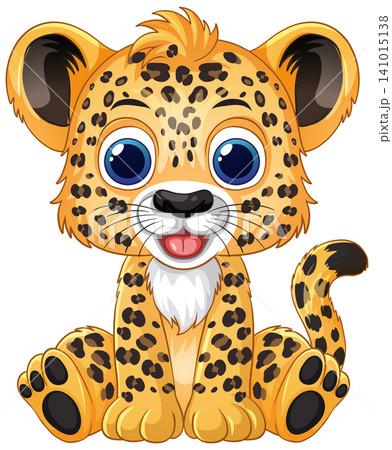 Cute Cartoon Leopard Cub Sitting on White Background 141015138